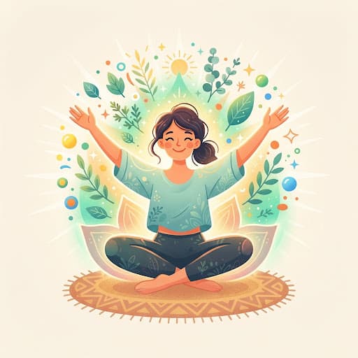 Illustrated woman seated calmly in a vibrant wellbeing scene