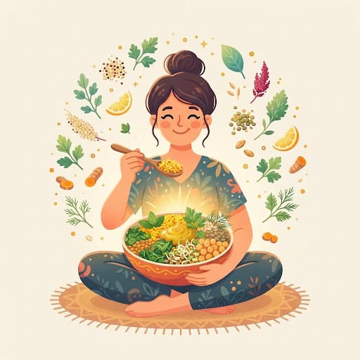 Illustrated woman enjoying a colorful nourishing bowl