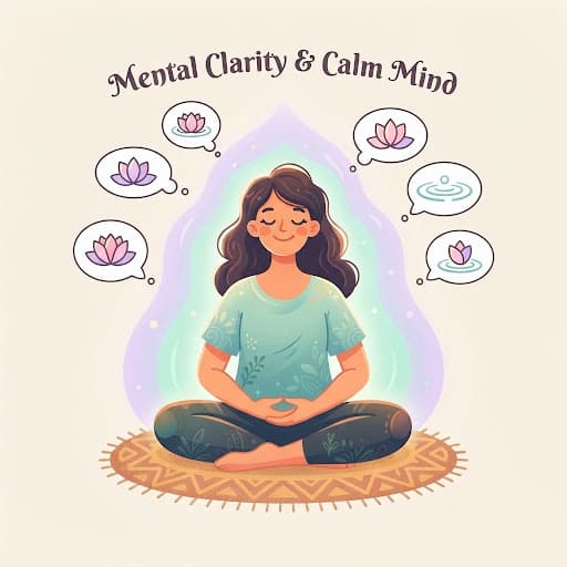 Illustrated woman meditating with symbols of clarity and calm